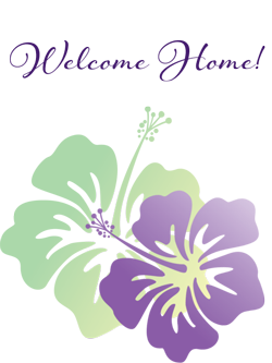 Welcome Home logo with hibiscus flowers